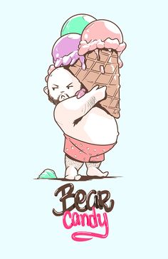 a cartoon character holding an ice cream cone with the words bear candy written on it