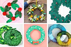 four different christmas wreaths made out of paper and construction materials are featured in this collage