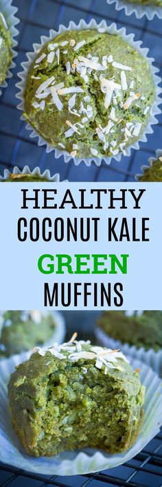 healthy coconut kale green muffins on a cooling rack with text overlay