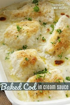 baked chicken in cream sauce with parsley on top and the title above it reads baked food in cream sauce