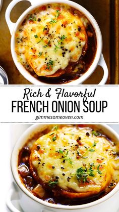 french onion soup in a white bowl with the title above it