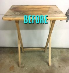 a wooden table with the words before and after overlayed in blue letters on it