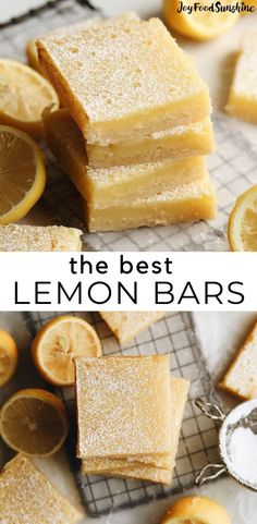 lemon bars stacked on top of each other with the words, the best classic lemon bars