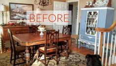 a dining room table with chairs and a dog standing in front of it