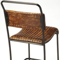 a chair with a metal frame and brown leather upholstered seat, on a white background