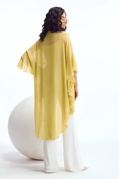 Canary yellow kaftan tunic with geometric pattern metallic pearl embellished yoke. Comes with pant. - Aza Fashions Gold Kaftan For Summer Vacation, Summer Georgette Tunic Kaftan, Elegant Yellow Kaftan For Vacation, Flowy Yellow Tunic Kaftan, Flowy Yellow Kaftan For Beach Cover-up, Yellow Kaftan, Kaftan Tunic, Canary Yellow, Fashion App