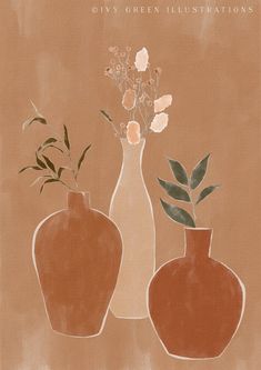 three vases with flowers in them sitting on a table next to the words give green illustrations