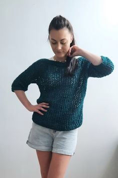 Emerald green sweater we knit a medium-length sleeve with a mesh pattern. Knitted mesh pullover. Loose, oversized fit with a boat neckline. Mid-length top. Cozy gift for her. This incredible mid length sweater is hand knitted from soft, high quality Italian blend yarn. It simply looks fabulous with any trousers, shorts, or skirt. This sweater will be a wonderful gift for a friend or sister; it will simply become a favorite in her wardrobe. The classic sweater model is always relevant, it will se Green Open Knit Crew Neck Top, Green Crew Neck Open Knit Top, Casual Knit Sweater With Boat Neck, Casual Boat Neck Knit Sweater, Oversized Open Knit Green Sweater, Oversized Green Open Knit Sweater, Green Open Knit Crochet Top For Fall, Green Crochet Knit Sweater, Fall Green Open Knit Crochet Top