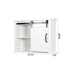 a white cabinet with sliding doors and measurements for the door on each side that is open