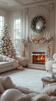 a living room filled with white furniture and christmas decorations