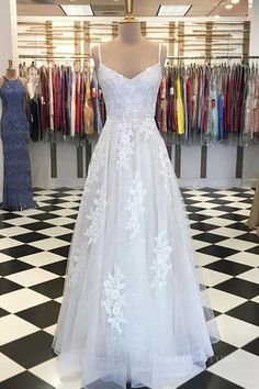 A Line V Neck Lace Appliques White Prom Dress Wedding Dress Formal Dress White, Plus Size Ball Gown, Wedding Dress White, White Prom, White Lace Wedding Dress, White Evening Dress, Womens Wedding Dresses, Lace Formal Dress, Womens Prom Dresses