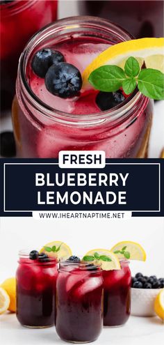 fresh blueberry lemonade in mason jars with mint and lemons on the side