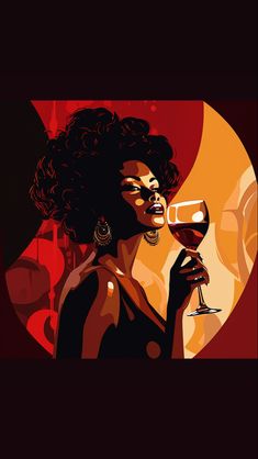 a woman holding a glass of wine in front of a red and yellow background with circles