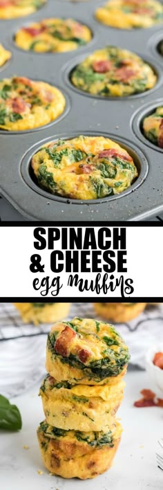 spinach and cheese egg muffins stacked on top of each other in a muffin tin