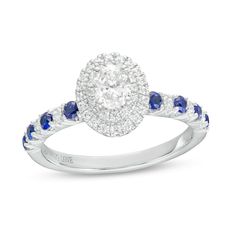 Vera Wang Love Collection 1/2 CT. T.W. Oval Diamond and Blue Sapphire Frame Engagement Ring in 14K White Gold | Zales Vera Wang Engagement Rings Sapphire, Blue Sapphire Engagement Ring, Double Halo Engagement, Double Frame, Sapphire Engagement Ring Blue, Sparkling Rings, Sapphire Engagement Ring, Modern Ring, Jewelry Images