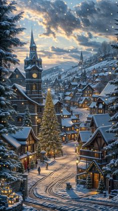 a painting of a snowy town with a lit up christmas tree in the foreground