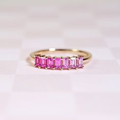 Emerald-Cut Pink Sapphire Demi Band Beautiful Gradient, Diamond Huggies, Jewelry Education, Ring Stack, Dangle Necklaces, Unique Wedding Bands, Pop Of Color, Custom Engagement Ring, Diamond Gemstone