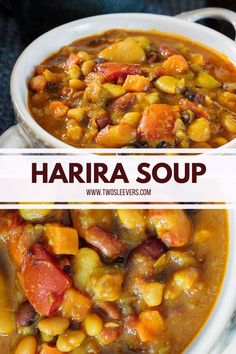 two bowls filled with different types of food and the words harria soup above them