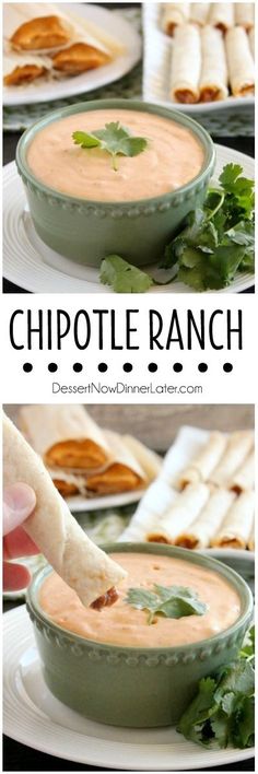 two pictures showing the process of making chipotle ranch dip with tortilla chips