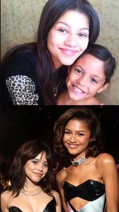 two girls are smiling and posing for the camera, one is wearing a dress with sequins on it