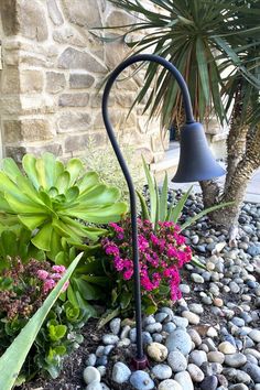 there is a lamp that is in the middle of some rocks and flowers next to a palm tree