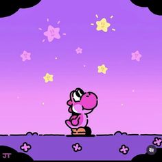 a cartoon character looking up at the sky with stars in the background and purple hues