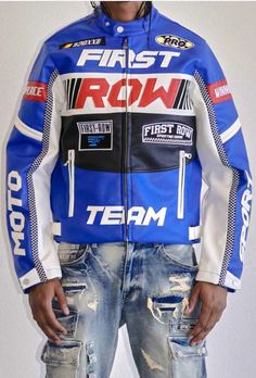 A leather china collar racing jacket with contrast color design. featuring a exclusively designed applique patch and embroidery, point tape details and a zip center front closure. SIZE M / CHEST(HALF MEASURE) 22 1/2" / FRONT BODY LENGTH 26 1/8" / SLEEVE 26 7/8" OUTSHELL 100% PU, LINING 100% POLYESTER Racing Jacket Outfit, Racing Leather Jacket, Leather Racing Jacket, Jordan 4’s, Jordan Yeezy, Racing Jackets, Sporty Aesthetic, Jordan 8, Nylon Pants