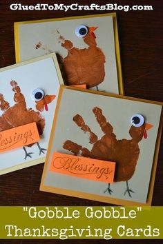 two handprinted thanksgiving cards with the words, gobble gobble thanksgiving cards