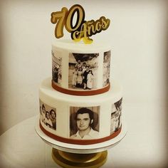 a three tiered cake decorated with photos and the words 70 years on it's side