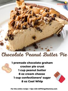 peanut butter pie on a plate Pb Pie, Easy Peanut Butter Pie, Peanut Butter Pie Recipe, Butter Pie Recipe, Chocolate Peanut Butter Pie, Easy Pie Recipes, Chocolate Graham Crackers, Creative Cooking, Peanut Butter Desserts