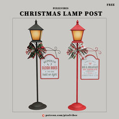 two christmas lamp posts with signs attached to them and bows on the lightshade