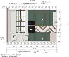 a drawing of a kitchen with green cabinets and white counter tops, along with measurements