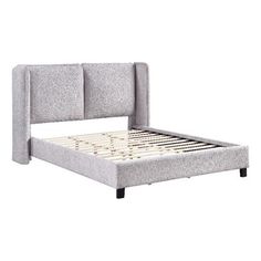 an upholstered bed frame with headboard and foot board in light grey fabric