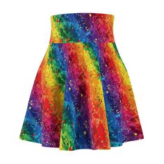 Vibe in style with this colorful Rainbow festival Skirt. Made from soft materials and featuring a flattering silhouette, this skirt is both comfortable and fashionable.  Get ready for an unforgettable night with this unique Rainbow festival skater skirt! Features: 🌙 A unique blend of 95% Polyester 5% Spandex makes for a super comfortable all-day wear. 🌙 Print Designed by CozyStarlight 🌙 Made in the USA 🌙 Stretchy fabric and elastic waist makes for a comfortable fit that moves with you. Production Notes: Each CozyStarlight Skirt is designed on the Computer with the assistance of AI Art software and Photoshop, after the design is completed the Skirt is then printed though our partner and shipped to you. If for any reason you are not happy with your Skirt, let us know within 24 hours and Colorful Party Outfit, Rainbow Festival, Skirt Dance, Rave Dance, Festival Skirt, Elastic Skirt, Festival Skirts, Women's Skirt, Dance Skirt