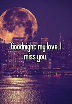 the words goodnight my love i miss you are in front of a cityscape