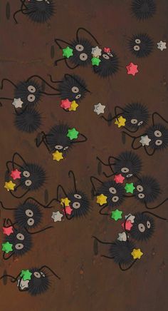 an abstract painting with stars and mice on the ground in front of brown wallpaper