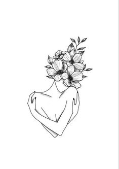 a black and white drawing of flowers in a woman's head with her hands