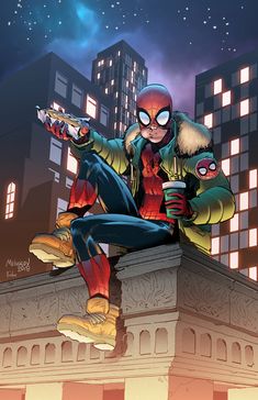 a spider - man sitting on top of a building