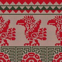 a red and white knitted pattern with animals