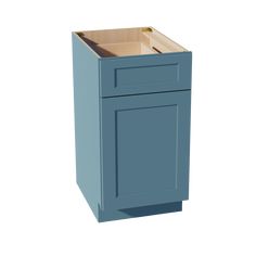 a small blue cabinet with drawers on the front and bottom, in an open position