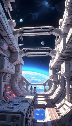 a sci - fi space station with two people standing in the doorways and looking out at the earth