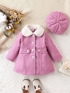 Baby Girl Borg Collar Button Front Overcoat & Hat Pink   Long Sleeve Knitted Fabric Plain Regular Slight Stretch  Baby Girls Clothing, size features are:Bust: ,Length: ,Sleeve Length: Girl Sweatpants, Baby Outerwear, Girls Outerwear, Rose Bonbon, Pink Collar, Pink Collars, Girls Denim, Dresses Kids Girl, Girl Falling