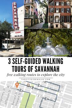 a map with the words 3 self - guided walking tours of savannah in front of buildings