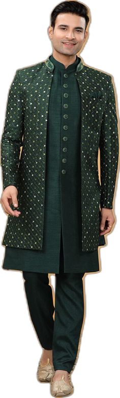 Festive Green Anarkali Sherwani, Green Anarkali Sherwani For Festivals, Semi-stitched Green Bollywood Sherwani, Green Dabka Work Sherwani For Eid, Unstitched Anarkali Style Art Silk Sherwani, Unstitched Anarkali Sherwani In Art Silk, Festive Anarkali Sherwani With Straight Kurta, Traditional Semi-stitched Front Open Sets, Anarkali Kurta For Eid Ceremony