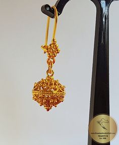 "★ Traditional Croatian filigree ball earrings, handcrafted in solid 14 k gold. Replicas of 19th century Ethnic, Heritage jewelry from Dubrovnik - Dalmatia region. Simple in style, versatile to wear with any outfit, and perfect for any occasion. Earrings end with decorative & secure - latching type of ear-wires. ★ *These earrings are handmade on order in 7-10 business days* Due to the handmade creation, every pair is unique, so there can be tiny variations in dimensions of the finished earri Ornate Filigree Earrings For Anniversary, Yellow Gold Bridal Earrings For Gift, Yellow Gold Pierced Bridal Earrings As Gift, Yellow Gold Filigree Dangle Bridal Earrings, Ornate Filigree Bridal Earrings For Formal Occasions, Victorian Filigree Round Earrings, Victorian Round Filigree Earrings, Formal Bridal Drop Earrings With Filigree, Formal Bridal Filigree Drop Earrings