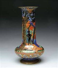 a vase with an image of a man standing on it's side and another figure in the background