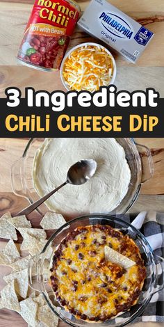 three ingredients for the 3 ingredient chili cheese dip with tortilla chips on the side