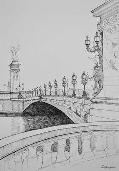 a pencil drawing of a bridge over a body of water