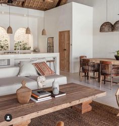 a living room filled with furniture next to a kitchen and dining room table in front of an open floor plan