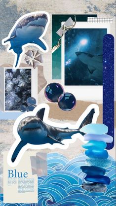 a collage of photos with dolphins and other things on it, including paper cutouts